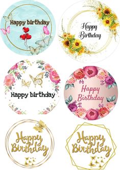 happy birthday stickers with flowers and butterflies