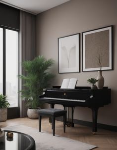 a living room filled with furniture and a piano in front of a large window next to a potted plant