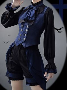 Ouji Fashion Dark Blue Waistcoat Black Butler Ciel Phantomhive Vibes Dark Blue Clothes, Prince Dress, Ouji Fashion, Vintage Waistcoat, Blue Overlay, Prince Clothes, Black Butler Ciel, Blue Vest, Blouse Skirt