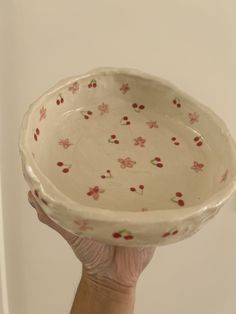 a hand holding a bowl with cherries on it in front of a white wall