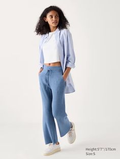 Washable Knit Ribbed Pants | UNIQLO US Relaxed Stretch Bottoms For Day Out, Casual Mid-rise Bottoms For Daywear, Fitted Uniqlo Bottoms For Fall, Uniqlo Fitted Casual Bottoms, Casual Uniqlo Pants With Pockets, Casual Uniqlo Trousers, Knit Pants Outfit, Uniqlo Women Outfit, Ribbed Trousers