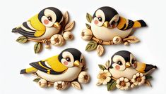 four wooden birds sitting on top of each other