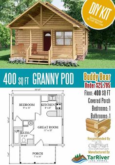 a small log cabin with the floor plan for it and measurements to make it look like it