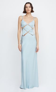 Elegant Spring Dress With Boning, Chic Wedding Dresses With Boning, Chic Asymmetrical Maxi Dress With Fitted Bodice, Spring Evening Dress With Boning, Formal Floor-length Slip Dress With Side Slits, Evening Floor-length Slip Dress With Side Slits, Chic Bias Cut Evening Gown, Chic Bias Cut Gown For Evening, Chic Bias-cut Gown For Evening