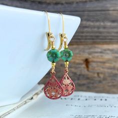 Turquoise Green and Rustic Red Czech Glass Flower Earrings - Etsy Bohemian Jewelry With French Hook For Jewelry Making, Bohemian Wire Wrapped Flower Earrings, Bohemian Wire-wrapped Flower Earrings, Bohemian Wire Wrapped Flower Earrings For Gift, Bohemian Wire Wrapped Flower Earrings As Gift, Glass Flower Earrings, Turquoise Green, Earrings Small, Earrings Etsy