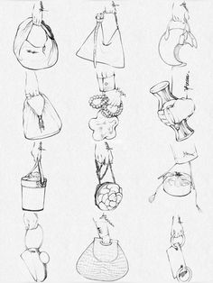 several drawings of hats and purses hanging from the ceiling