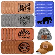 four pairs of hats, one with the words work hard dream big and two with elephants on them