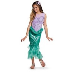 the little mermaid costume for girls is available in sizes ranging from small to large, and includes