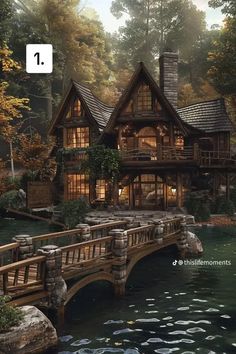 an image of a house in the woods with water and fish swimming around it, as well as a bridge