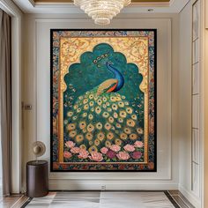 a peacock painting on the wall in a room