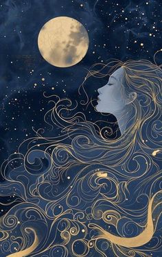 a woman with long hair standing in front of a moon and stars filled night sky