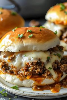 two sloppy joe sandwiches on a plate with cheese