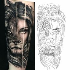 two different tattoos, one with a lion and the other with a woman's face