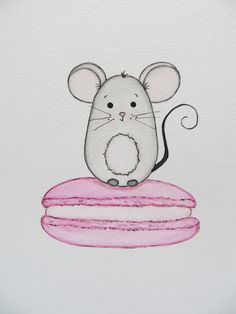 a drawing of a mouse sitting on top of a pink doughnut