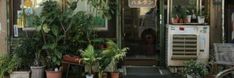 a store front with many potted plants on the outside and in front of it