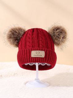 1pc Infant's Double Pom Pom Knitted Beanie With Car Logo Red    Fabric  Knit Hat   Kids Accessories, size features are:Bust: ,Length: ,Sleeve Length: Cute Red Winter Hat, Pom Pom Letters, Two Pompom Baby Hat, Red Knitted Hat, One Size, Baby Pom Pom Hat, Winter Beanie With Pom Poms, Knitted Hats Kids, Car Logo, Knitted Beanie