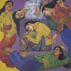 a painting of people laying on the ground with one person in the middle and another lying down