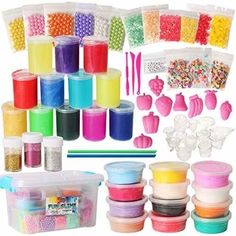 many different types of crafting supplies in plastic containers and bags on a white background