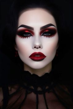 Halloween Vampire Vixen makeup Make Up Halloween Vampire, Women Vampire Makeup, Red Witch Makeup, Goth Makeup Inspiration, Female Vampire Makeup, Dark Vampy Makeup, Vampire Make Up, Scary Vampire Makeup, Vampire Eye Makeup