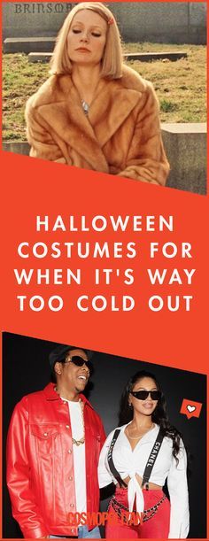 a man and woman dressed up as halloween costumes for when it's way too cold out