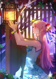 a girl with long pink hair holding a lantern in her hand and looking at it