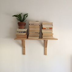 two wooden shelves holding books and a potted plant on top of them in a white room