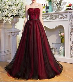 Black Wedding Dress Gothic, Colored Wedding Gowns, Prom Dress Burgundy, Burgundy Evening Dress, Tulle Long Prom Dress, Gothic Wedding Dress, Prom Dresses 2018, Red Wedding Dresses, Cheap Evening Dresses