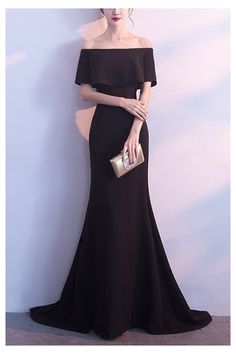 Formal Long Black Mermaid Evening Dress Off Shoulder - $78.48 #S1496 - SheProm.com Off Shoulder Black Formal Dress, Satin Dresses Off Shoulder, Long Black Dress Off Shoulder, Simple Formal Black Dress, Simple Off Shoulder Dress, Off Shoulder Gown Evening Dresses, Korean Award Show Dresses, Black Off Shoulder Gown, Old Hollywood Prom Dresses