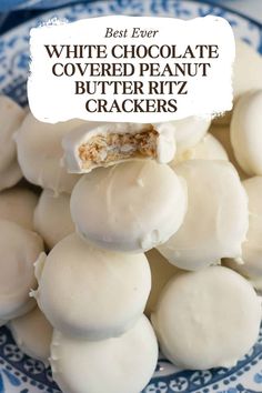 white chocolate covered peanut butter ritz crackers on a blue and white plate with text overlay