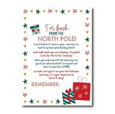 a christmas card with presents on it and the words i'm back from the north pole