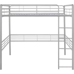 a white metal bunk bed with stairs and ladders on the bottom floor, isolated against a white background