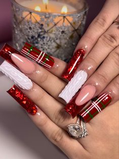 Rhinestone Christmas Nails, Christmas Acrylic Nails Holiday, Acrylic Nails Holiday, Christmas Acrylic Nails, Nails Holiday, Nails Extra, December Nails, Christmas December, Long Acrylic Nail Designs