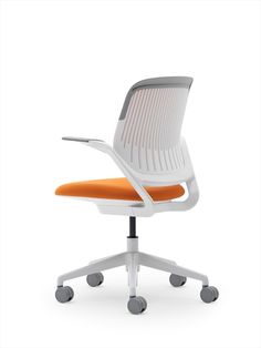 an office chair with wheels and a green seat pad on the back side, viewed from the front