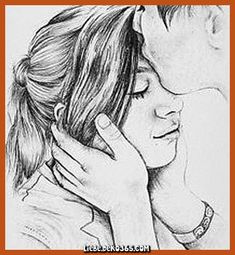 a pencil drawing of a man kissing a woman's face with her hand on her cheek