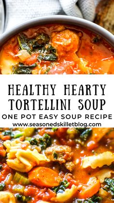 healthy hearty tortellini soup in a white bowl