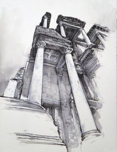 an ink drawing of some pillars in front of a building