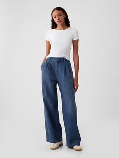 365 High Rise Denim Trousers Cotton Pants Outfit, Womens Trouser Jeans, High Waisted Wide Leg Jeans, Polka Dot Blouse, Best Jeans, High Rise Denim, Denim Trousers, Wide Leg Denim, Trouser Jeans