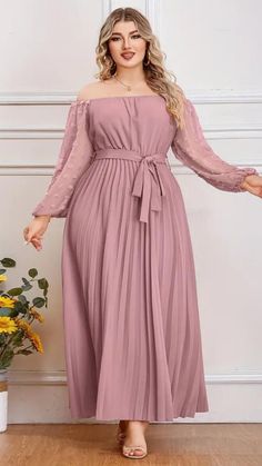 Embrace elegance with this Plus Size Off Shoulder Pleated Dress. Featuring a Swiss dot long sleeve and a belted waist, it's perfect for summer weddings or casual outings. Enhance your plus size summer wardrobe with this stylish and flattering piece. #plussizesummerfashion #curvystyle #summeroutfits #elegantdress Elegant Plus Size, Summer Weddings, Swiss Dot