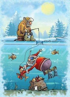 santa is fishing for fish in the ocean and another cartoon character is sitting on his knees