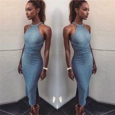 Halter Neck Gray Sleeveless Slit Mid-Calf Bodycon Dress - Uniqistic.com Tight Knit Dress, Long Pencil Dress, Jasmine Tookes, Mid Calf Dresses, Club Party Dresses, Looks Party, Sleeveless Bodycon Dress, Knitted Bodycon Dress, Split Dress