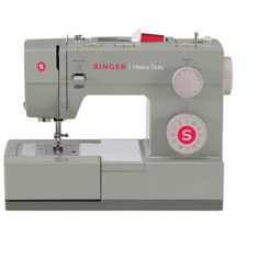 the singer heavy duty sewing machine is grey and has red buttons on it's side