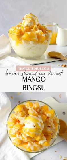 mango bingsu in a bowl with ice cream on top Korean Shaved Ice Recipe, Buko Pandan Recipe, Mango Bingsu, Korean Shaved Ice, Shaved Ice Dessert, Shaved Ice Recipe, Korean Sweets, Desserts Japonais, Ice Dessert