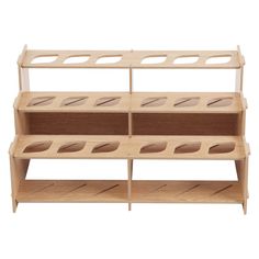 three tiered wooden shelf with holes on the bottom and two shelves below each other