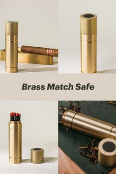 brass match safes are on display with the words brass match safe written below them