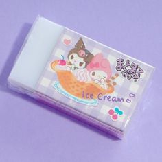 This cute eraser is decorated with a print of Kuromi and My Melody playing in ice cream! Use it to keep your notes nice and clean. Features a lovely scent that may fade in time Cute White Stationery For Gift, Kuromi School Supplies, My Melody Ice Cream, Cute White Rectangular Stationery, Kawaii White Pencil Stationery, Cute Sanrio School Supplies, Melody Pencil Case, Kuromi Stuff, My Melody Stationery