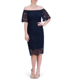 From Eliza J, this dress features: Lace fabrication Off-the-shoulder neckline Short sleeves Partial lining Back zip closure Approx. 42" length Polyester Dry clean Imported. Modern Feminine, Black Tie Wedding, Navy Midi Dress, Eliza J, Short Sleeve Dress, Dillard's, Women Lace, Mother Of The Bride Dresses, Cocktail Dress Party