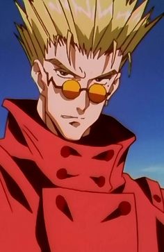 an anime character with blonde hair and round glasses looking at the camera while standing in front of a blue sky