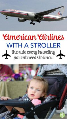 an american airlines passenger jet flying over a baby in a stroller with the words, american airlines with a stroller