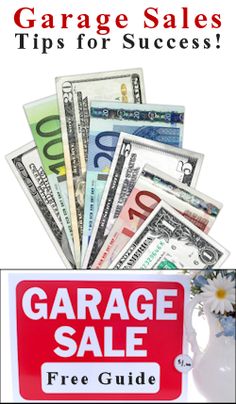 the garage sale sign with money in front of it and a vase full of flowers