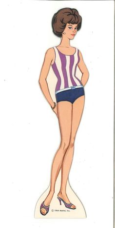 a paper cutout of a woman in blue and white striped bathing suit with high heels